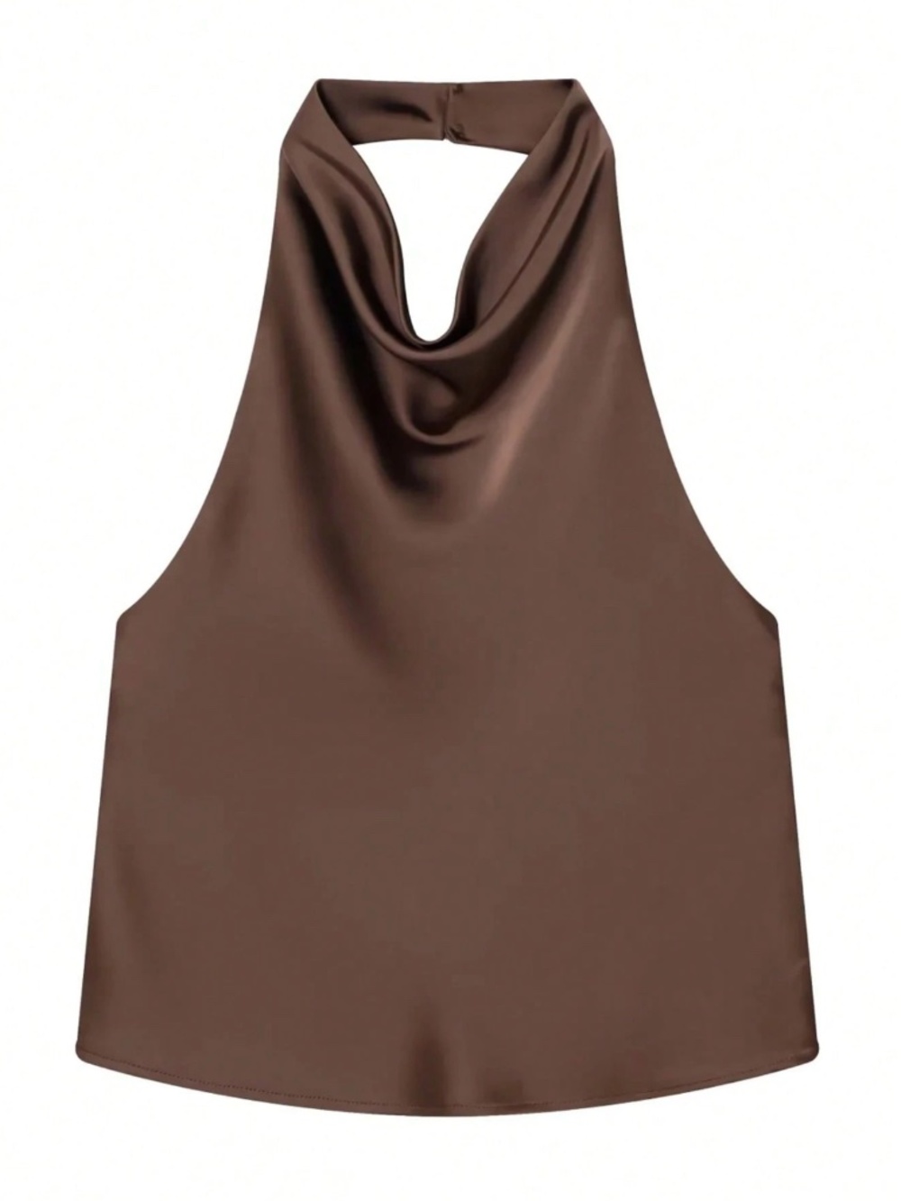 Brown Satin Cowl Halter Draped Neck Low Back Blouse Top - Picture 10 of 12